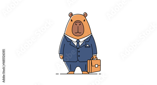 A professional capybara in a sharp blue suit holding a briefcase ready for the office