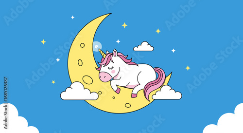 A whimsical dreamy unicorn sleeping peacefully on a crescent moon under a starry night sky
