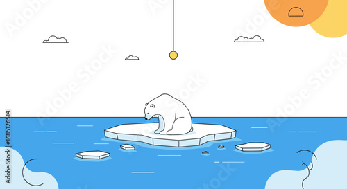 A solitary polar bear endures arctic meltdown on a shrinking ice floe amidst global warming concerns