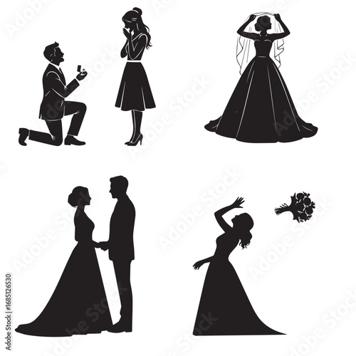 Romantic Wedding Silhouettes – Proposal, Bride, Couple & Bouquet Toss Vector Sett