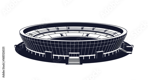 A detailed illustration of a large circular sports stadium with rows of seating and an open arena floor