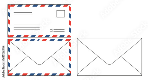 Classic airmail envelope design templates for sending letters and documents with traditional postal service red and blue border accents