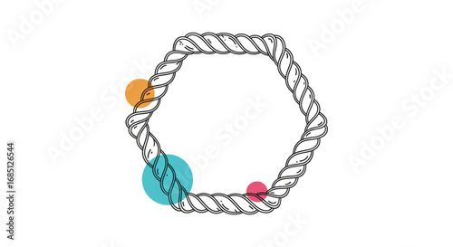 Interconnectedness and synergy of elements visualized through a hexagonal rope frame adorned with colorful spheres