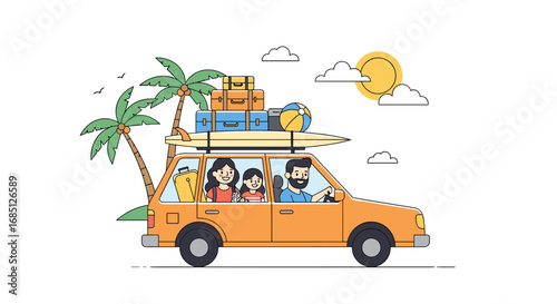 Family adventure road trip to tropical paradise destination with luggage and surfboard on the roof packed for vacation fun