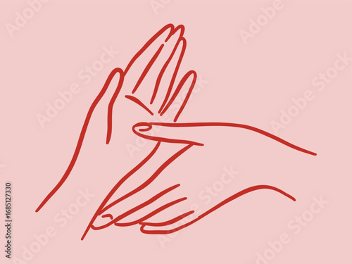 Vector illustration of two hands touching a circle. Minimalist line art style. Colored 
