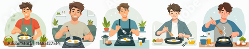 vector of a man frying a sunny side up egg