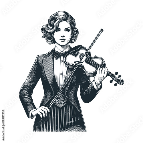 Young female violinist – Black and White Icon Vector and Illustration