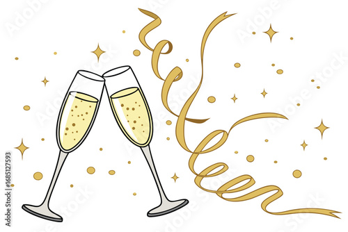 Celebratory toast with champagne flutes and golden ribbon illustration conveying joy and festivity for new years eve or party invitations