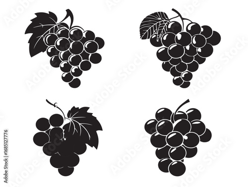 Fresh Grapes Silhouette Icons Set For Food Illustration