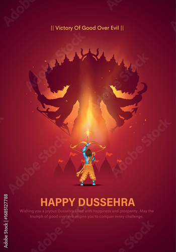 Happy Dussehra festival of India poster design. Lord Rama killing Ravana. Creative vector illustration.