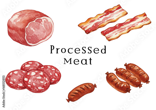Vector watercolor processed meat / 水彩テイストの加工肉（ベーコン・ハム・ウィンナー・サラミ）イラスト