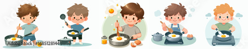 vector of a little boy frying a sunny side up egg