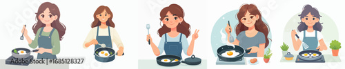 vector of a woman frying a sunny side up egg