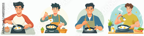 vector of a man frying a sunny side up egg