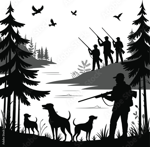 Hunters with Dogs in Forest by Lake, Silhouette Scene, Duck Hunting Adventure, Outdoor Wilderness, Nature Landscape, Trees, Birds, Reflection, Calm