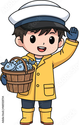 A cheerful cartoon fisherman boy in a yellow raincoat and sailor hat, proudly displaying his bountiful catch of the day in a wicker basket while waving a friendly hello