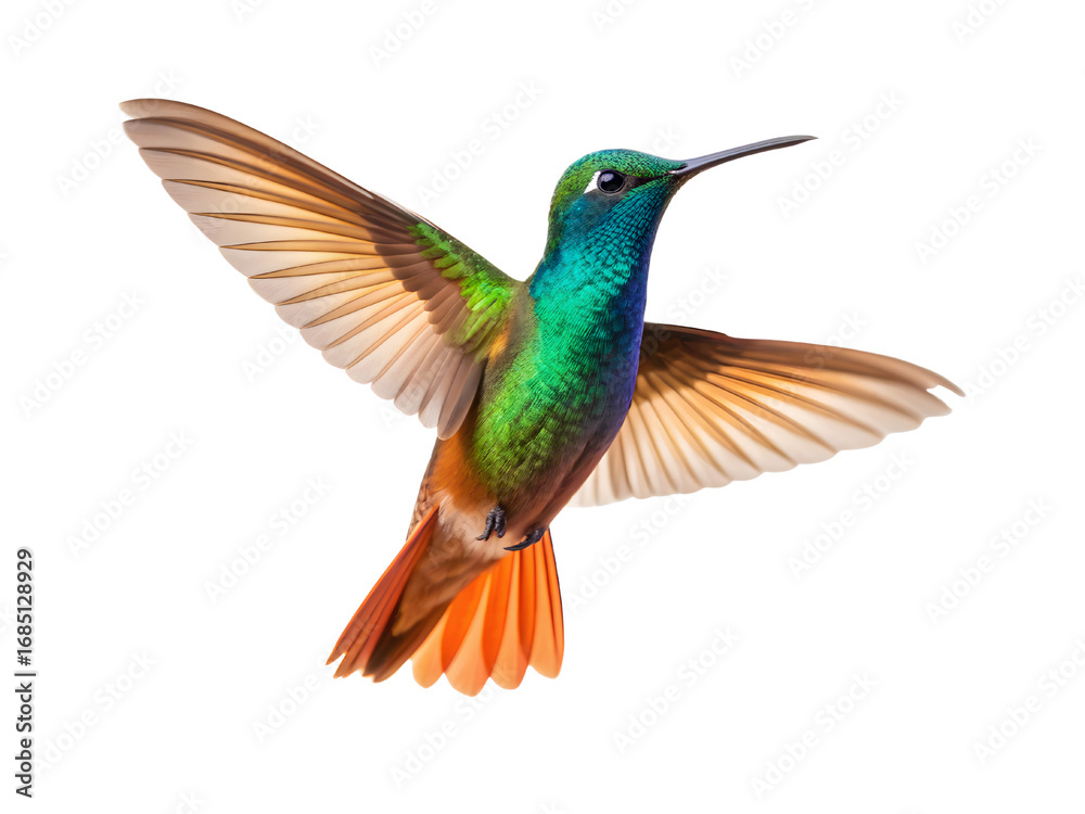 Fototapeta premium Colorful hummingbird flying isolated on transparent background, PNG