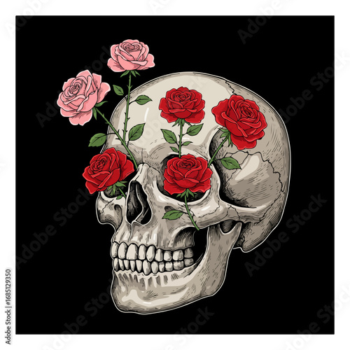 Skull with red and pink roses growing from its eye sockets and top of the head, set against a black background.