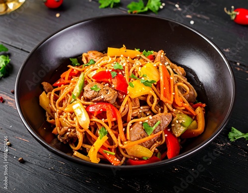Wallpaper Mural Stir-fried noodles with meat and colorful peppers in a dark bowl Torontodigital.ca