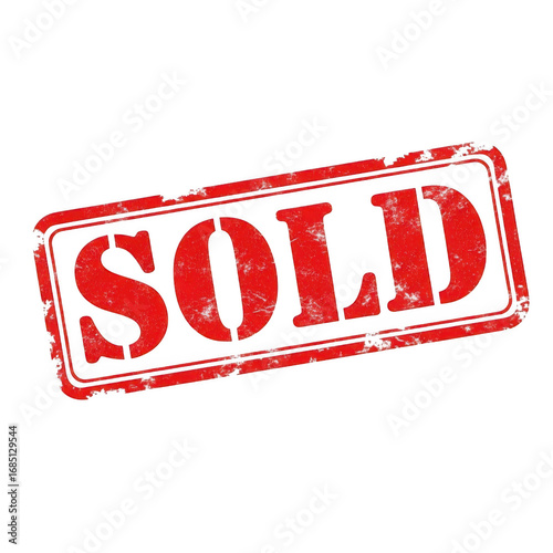 Distressed red sold stamp with black outline on a black background - official business transaction status
