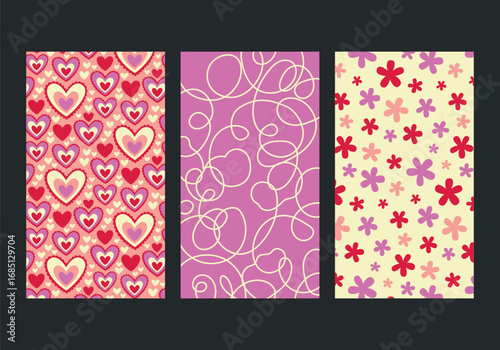 Wallpaper Mural Vector collection of patterns with flowers, hearts and lines for decoration and printing on clothes, wallpapers, printing, packaging. Colorful decor for celebration birthday, Valentines day, ect. Torontodigital.ca