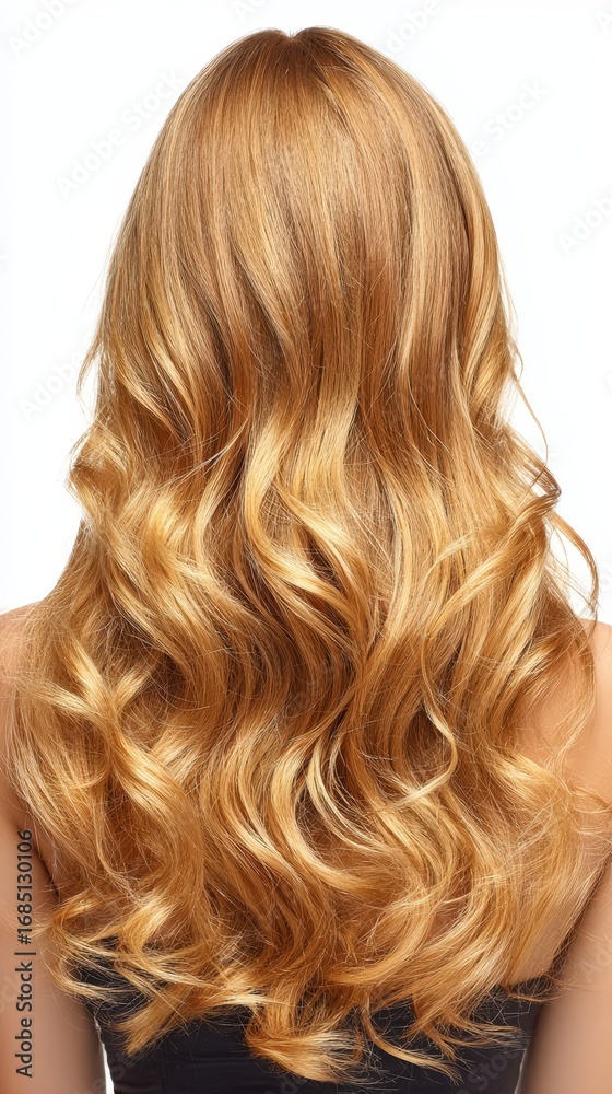 Naklejka premium Beautiful Long Blonde Wavy Hair Cascading Down Back of Woman's Shoulders Healthy Shiny Hair Texture