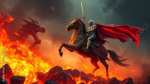 Knight riding horse into fiery inferno to slay dragon, slaying, chivalry, horses