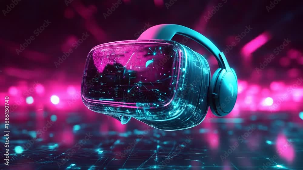 Vr headset floating over futuristic neon background showing digital ...