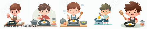vector of a little boy frying a sunny side up egg