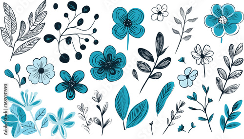Collection of delicate blue watercolor flowers and botanical elements with black ink accents