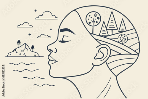 Conceptual Illustration of Inner Peace Featuring Profile of Woman and Nature Elements Showing Harmony and Mindfulness for Mental Health and Wellbeing