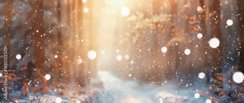 Golden sunlight illuminates a serene winter forest as snow gently falls. A magical snowy path invites peaceful contemplation in nature.