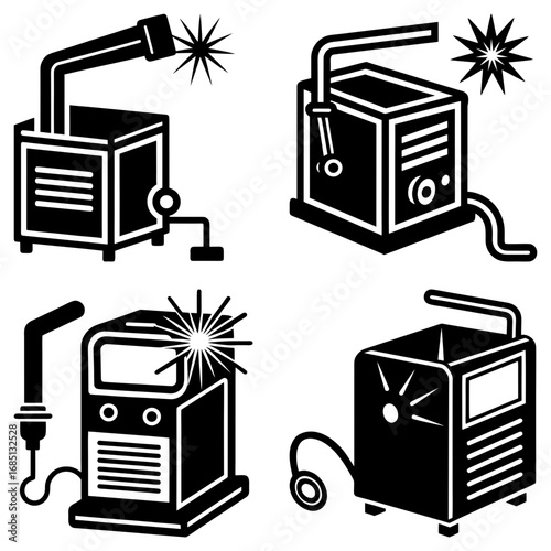 Illustration showing four different welding machines in black and white with welding sparks present