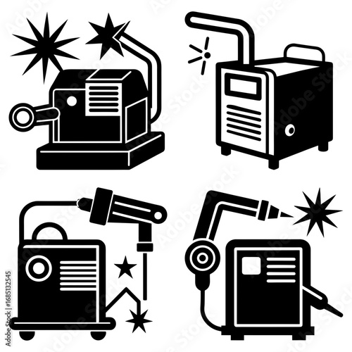 Illustration featuring four different welding machines with sparks in a monochrome style design