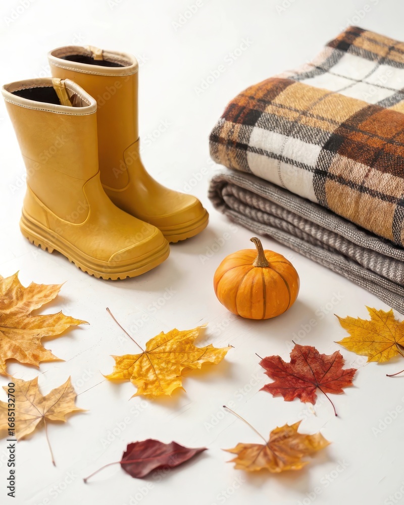Naklejka premium Autumn still life featuring yellow rain boots blankets pumpkin and colorful autumn leaves on white surface