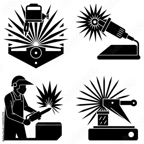Illustration showing different welding processes with sparks and protective gear in black and white style