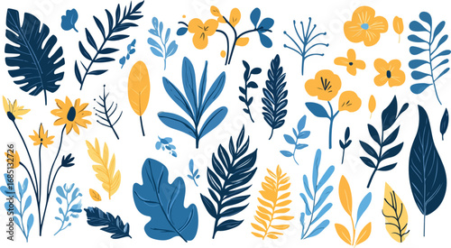Vibrant collection of stylized blue and yellow botanical elements and wildflowers in a decorative pattern