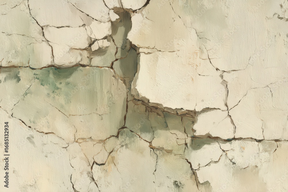 Obraz premium A textured surface of cracked, pale beige and muted green plaster, showing signs of age and weathering.