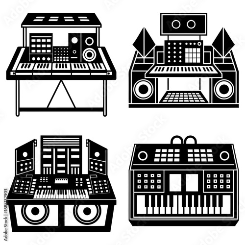 Collection of four black and white music production consoles with keyboards and audio equipment shown