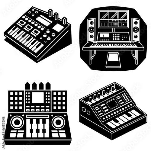 Illustration of four different black and white music production and recording studio equipment items in isometric view
