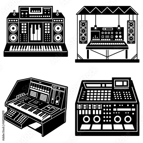 Illustration showing four different black and white musical synthesizer and audio mixing console setups
