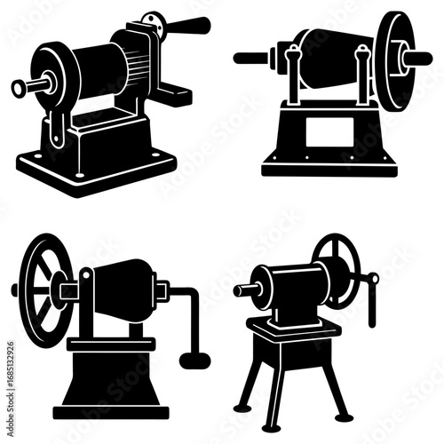 Illustration showing four different styles of hand cranked pencil sharpeners in a black and white design