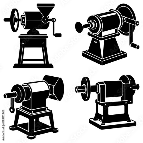 Illustration of four vintage hand cranked machines including a coffee grinder and pencil sharpeners