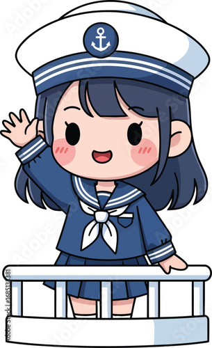 Adorable Sailor Girl Waving from Ship Deck Cute Anime-Style Illustration