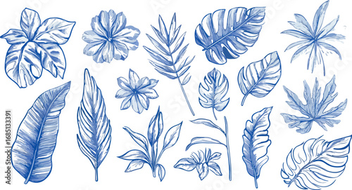 Collection of delicate blue watercolor botanical illustrations of tropical leaves and flowers