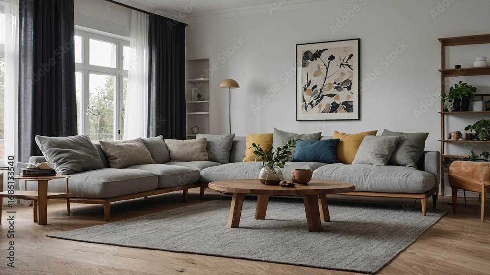 Obraz premium Cozy living room featuring a spacious sectional sofa with decorative pillows and a modern coffee table.