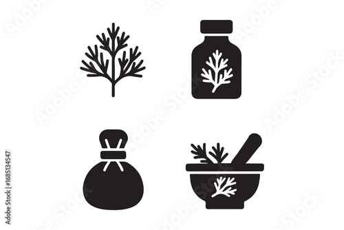 Black and White Medicinal Herbs Icons Set on White Background