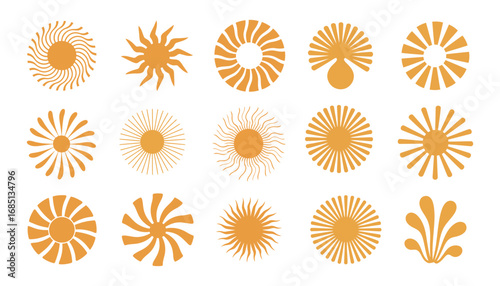 Collection of Abstract Sun and Flower Shapes with Yellow Orange Color Scheme