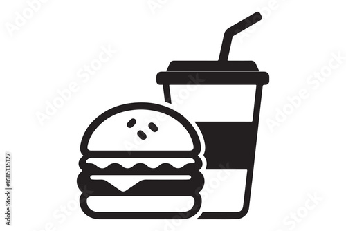 Black and white vector silhouette of hamburger and drink cup with straw for fast food and restaurant branding design