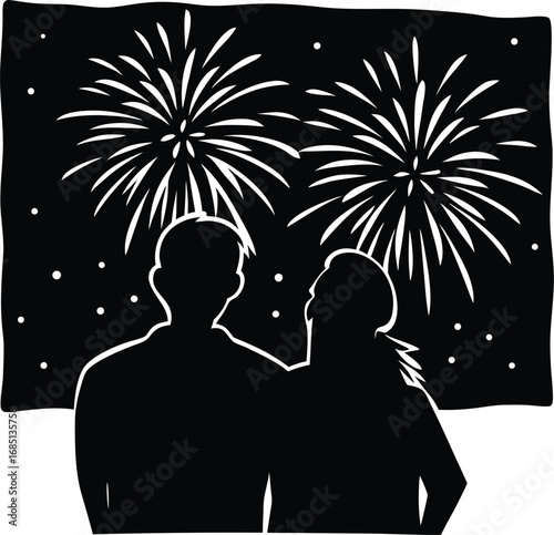 Two people in silhouette gaze upwards at a vibrant night sky filled with exploding fireworks.